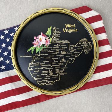 West Virginia souvenir metal tray - 1960s vintage printed state map 