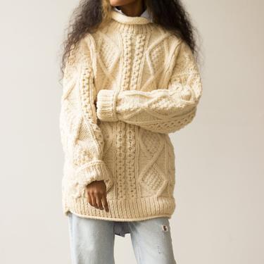 1980s Hand Knit Oversize Roll Neck Fisherman Sweater 