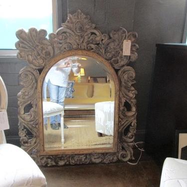 CARVED MIRROR WITH DISTRESSED CREAM PAINT AND GOLD DETAILS