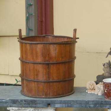 Vintage / Antique Hand Crafted Wooden Water / Well Water / Farm Bucket w/ Hand Forged Metal Iron Rings &amp; Dropped / Swing Handle 