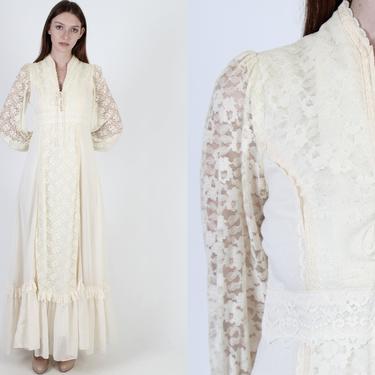 Ivory Gunne Sax Bridal Maxi Dress / Vintage 70s Jessica MClintock Floral Lace Dress With Corset / Tiered Long Simple Wedding Long Dress 13 