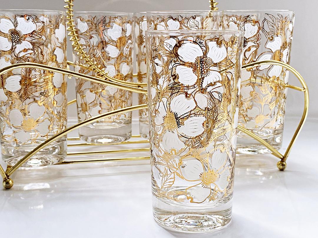 Mid-Century Modern Barware High Ball Glasses Gold Star- Set of 8