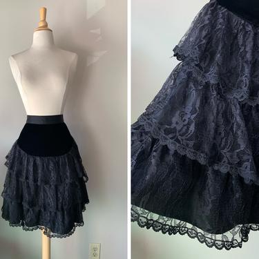 Vintage 1980s Black Velvet and Lace Punk Goth Steampunk Skirt | Size Medium 