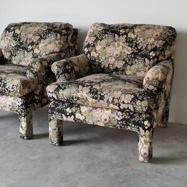 1980s Vintage Hollywood Regency Parsons Style Karpen Upholstered Club Chairs - a Pair. 
