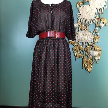 1980s blouson dress, sheer chiffon dress, vintage 80s dress, polka dot dress, black and red, medium, dolman sleeves, batwing dress, 28 waist 