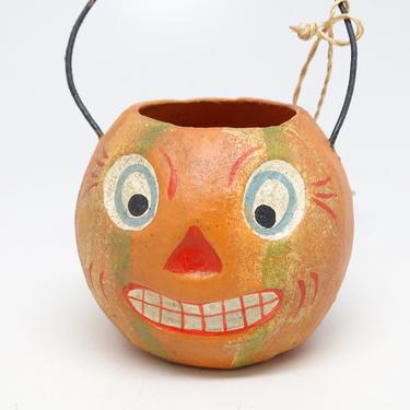 Vintage Bethany Lowe Halloween Mini Bucket, Orange Hand Painted Paper Mache Jack-O-Lantern Candy Basket, Original Tag 