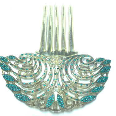 Art Deco Jade Green Rhinestone Comb, Celluloid Comb, | Comb 