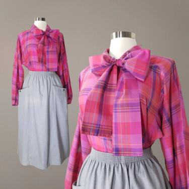Vintage Pussy Bow Plaid Blouse, Medium / Silk Blend Scarf Collar Blouse / Raglan Long Sleeve Button Blouse / Pink Plaid Dress Blouse 