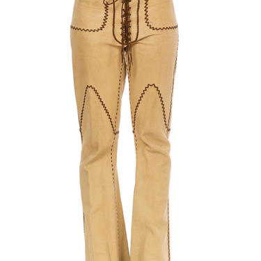 1960s North Beach Beige Tan Hippie Whip Stitch Leather Pants