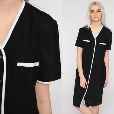 Black Sheath Dress 80s White Trim Short Sleeve Midi Knee Length Dress Button Up Simple Plain Dress Vintage 1980s Minidress Medium 8 