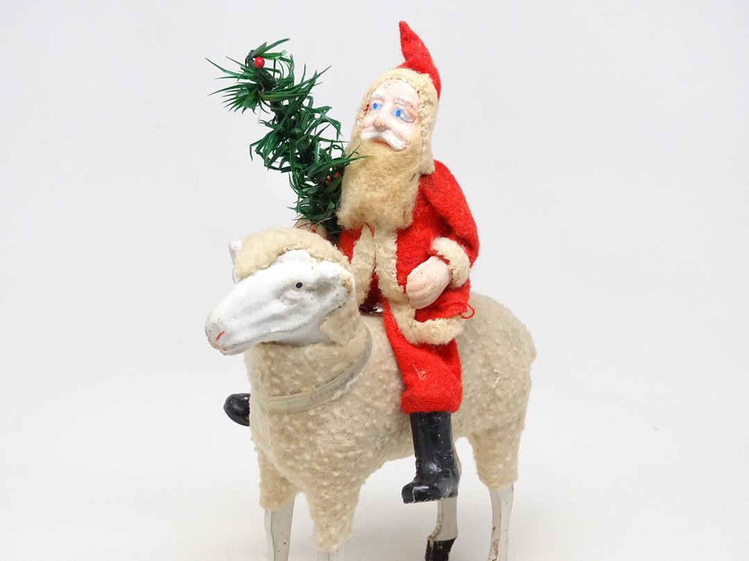 Antique Santa with Feather Tree on Large 5 Inch Wooly German