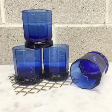 Vintage Whiskey Glass Set Retro 1980s Anchor Hocking + Contemporary + Blue Glass + Octagon Shape + Set of 4 + Barware + Kitchen Drinking 