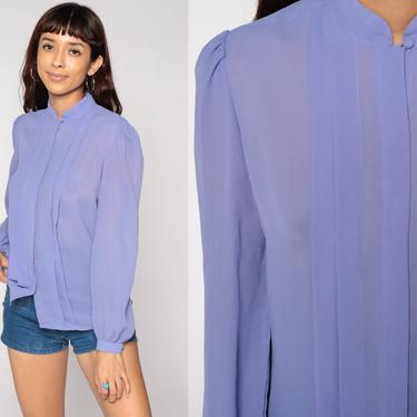 Vintage Chiffon Blouse Purple Puff Sleeve Blouse 80s Top Pleated Purple Shirt 1980s Long Sleeve Shirt Button Up Sheer Small Medium 