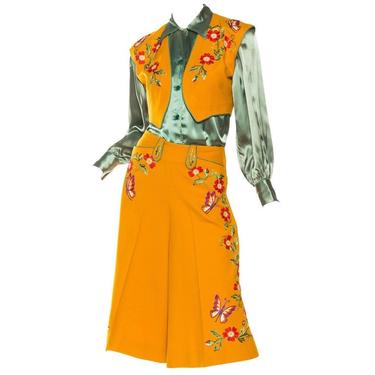 1940S Marge Riley Green  Marigold Yellow Western Embroidered Wool Vest Skirt Suit With Matching Blouse 