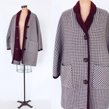 1980s Wool Houndstooth Short Coat | 80s Houndstooth Wool Car Coat | Taupe & Creme Car Coat | Large 