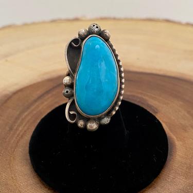 BIG BLUE Vintage Turquoise &amp; Sterling Silver Ring | Large Statement Ring | Native American Navajo Southwest Jewelry | Size 5 1/4 