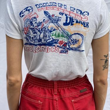 70's Graphic Moto T-shirt / All Cotton Super Soft T-shirt / Biker Babe Status / 2 Wheelers Colorado Motorcycle Shop 