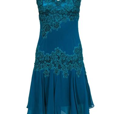 Sue Wong - Aqua Green Silk Rope Embroidered &amp; Beaded Cocktail Dress Sz 6