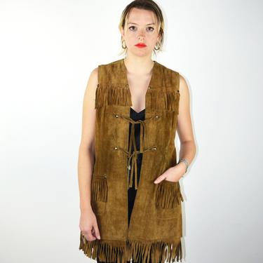 Vintage 70s Leather Suede Vest / 60s Brown Fringe Western Rivets Tassels Jacket / 1960s 1970s / Medium Small / Native American Boho Hippie 