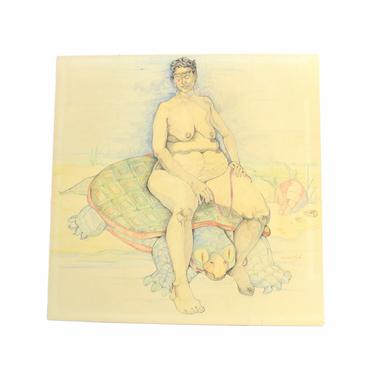 1980’s Surrealist Color Pencil Drawing Nude Woman Riding Tortoise Bonnie Zak Chicago 