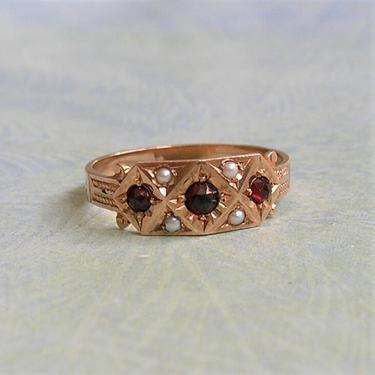 Antique Victorian 12K Gold Pearl and Garnet Ring, Old Victorian Ring With Garnets, Gift for Her, Size 7 (#3902) 