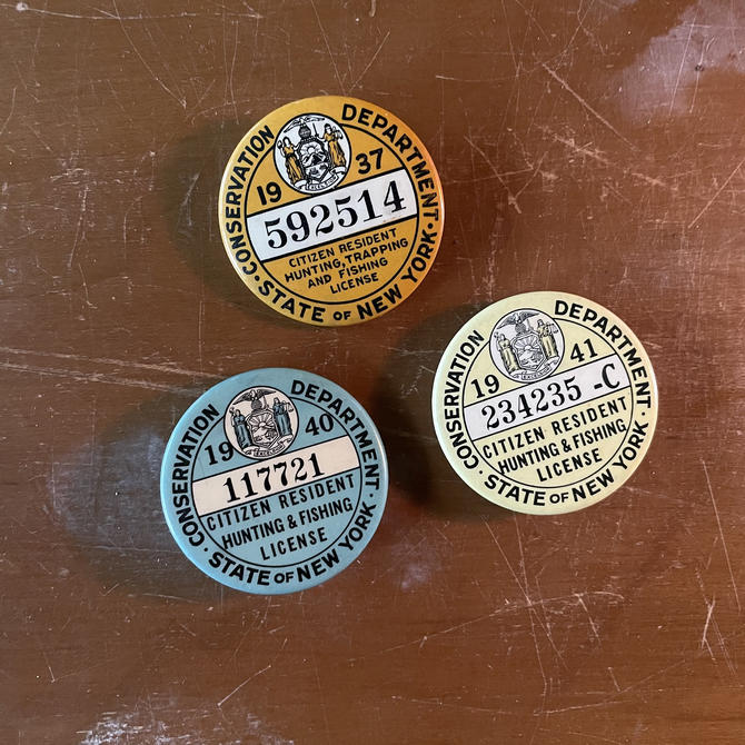 3 Hunting Fishing License Badge Buttons 1937,1940+1941 NEW YORK Pin Pinback  Mid-Century, Brain Washington