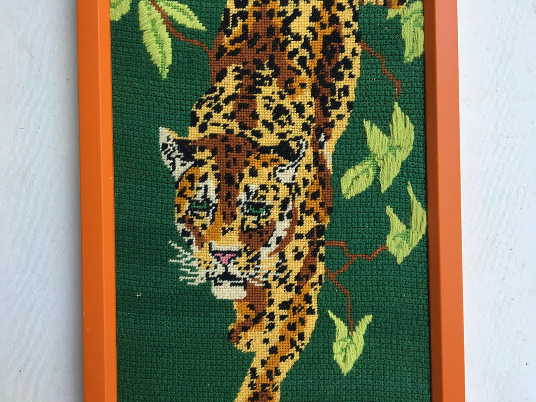 70's Jungle Leopard Framed Needlepoint, Hand Made Spinnerin