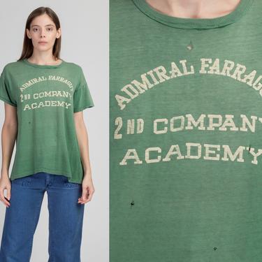 1960s Admiral Farragut Academy Distressed T Shirt - Large | Vintage 60s 2nd Company Green Graphic School Tee 