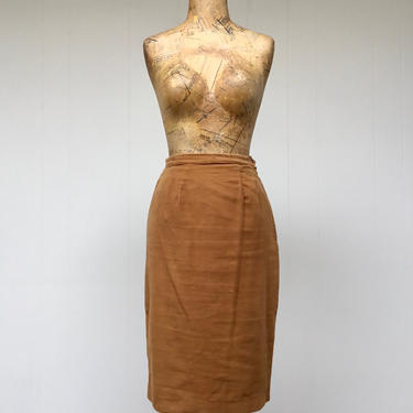 1960s Brown Pencil Skirt, 60s Caramel Brushed Cotton, Mod Mid-Century, 26 Inch Waist 