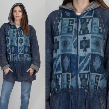 90s Blue Suede Southwestern Hooded Coat - Men's Large, Women's XL | Vintage Winlit Knit ShearlingTrim Cinched Waist Long Jacket 