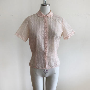 Pale Pink Seersucker Blouse with Peter Pan Collar and Rhinestone Buttons - 1950s 