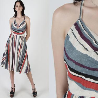 80s Linen Striped Dress / Ivory Criss-Cross Open Back / Sexy Spaghetti Strap Design / Fun Casual Summer Full Skirt Sun Midi Mini Dress 