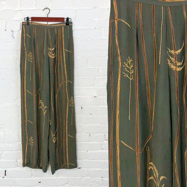 1990s Olive Green Print Rayon Slacks | 90s Green Floral Slacks | CHAVA | Medium 
