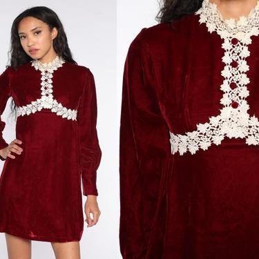 Velvet Babydoll Dress 70s Mini Party LACE Red Cocktail Victorian Mod Boho Vintage 60s Long Sleeve Bohemian Holiday Extra Small xs 