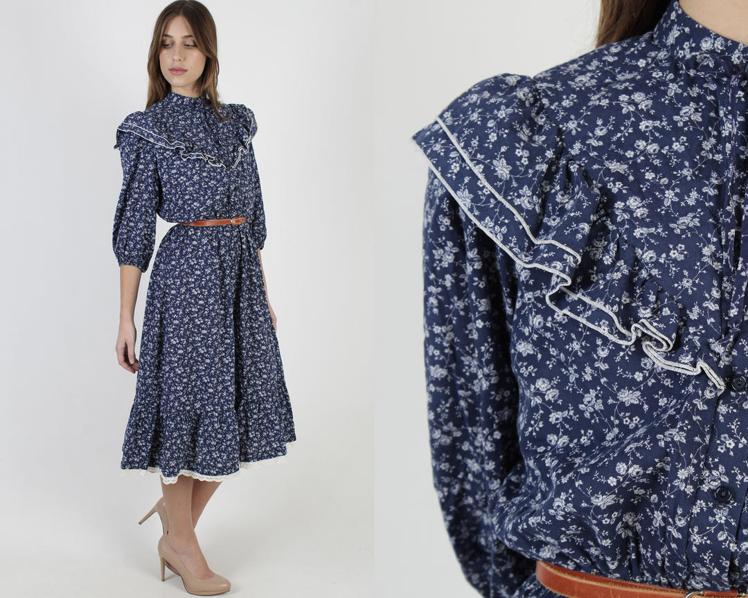 Navy Blue Calico Floral Dress / Frontier Country Ivory Western Dress ...