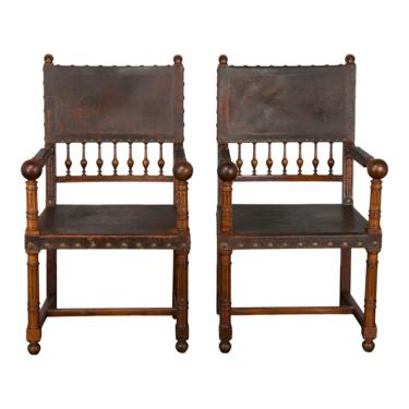 Late 19th Century Pair of French Renaissance Henry II Walnut Armchairs W/ Original Leather 
