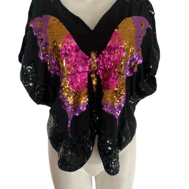 80s pink sequin BUTTERFLY cape blouse top, purple beaded butterfly top, disco party top, vintage cocktail blouse size medium m 8 10 