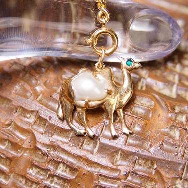 Vintage 14K Gold & Baroque Pearl Camel Charm/Pendant, Petite Gold Camel Charm, Emerald Green Eyes, Prong Set Pearl, 3/4” 