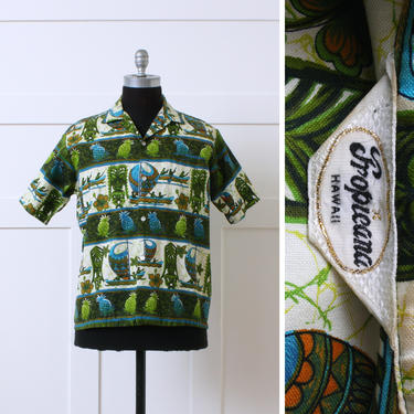 Factory Vintage 1960s Green Hawaiian Shirt Aloha Tiki Mens Button Down | C 46