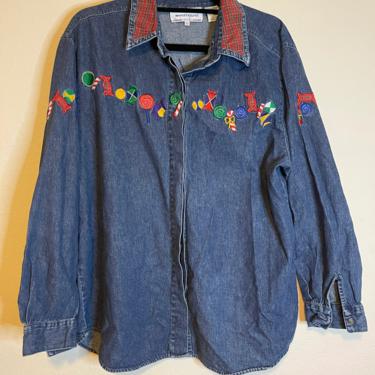 2) vintage westbound casual large embroidered holiday denim long sleeve button down shirt 