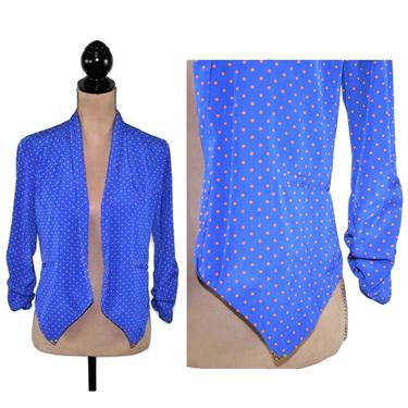 Open Crop Jacket, Small Blazer Women, Vintage Royal Blue with Orange Polka Dots, 3/4 Sleeve Lightweight Pointed Hem, 
