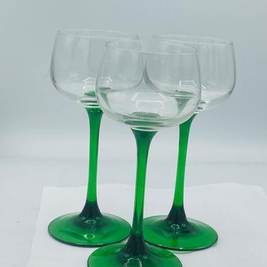 Lovely Vintage (3) Cristal D’Arques Durand Luminarc Green Stem Rhine Wine Glasses Arcoroc France 5 ounce 