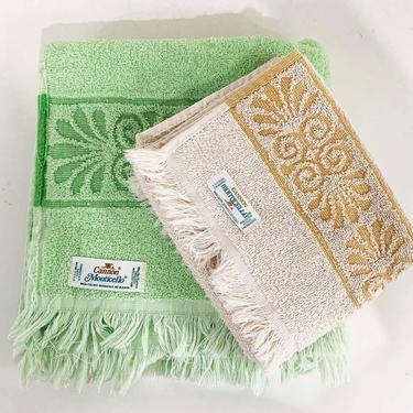 Vintage Cannon Monticello Cotton Bathroom Towels Mismatched Hand Bath Cloth Sculptural 1960s Green Tan Mid-Century Retro Set 2 Terrycloth 