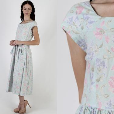 Vintage 80s Laura Ashley Floral Dress / 1980s Pastel Rose Flower Dress / Womens Garden Lawn Clothing / Mint Cotton Midi UK 14 US 12 