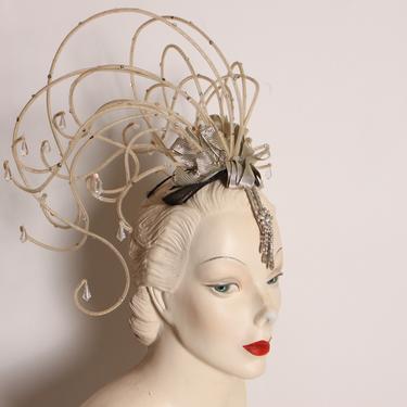 1950s Actress Film Worn Silver and Black Abstract Rhinestone Showgirl Burlesque Headdress Costume Hat Hair Piece by Barbara Matera LTD 