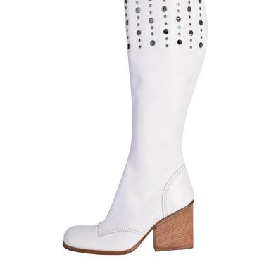 Dolce &amp; Gabbana D&amp;G Vintage White Leather Silver Grommet Knee High Heeled Boots