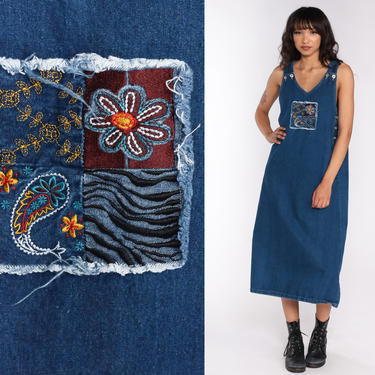 Embroidered Overall Dress Floral Denim Jumper Dress 90s Midi Jean 1990s Pocket Blue Normcore Vintage Minidress Sleeveless Smock Medium 
