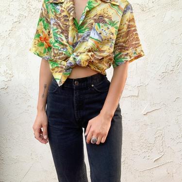 Vintage 70's FM Plato Yellow Tropical Printed Hawaiian Button Down Shirt 