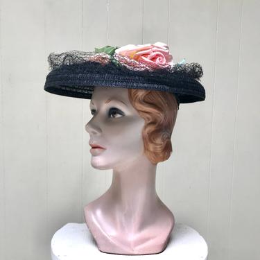 Vintage 1940s Black Straw Hat with Inner Cap, Wide Brim Horsehair Sun Bonnet with Pink Rose Trim. 