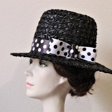 Vintage 1950s 60s Black Straw Wide Brim Summer Hat with Black White Polka Dot Ribbon raffia // Size 22 1/2 